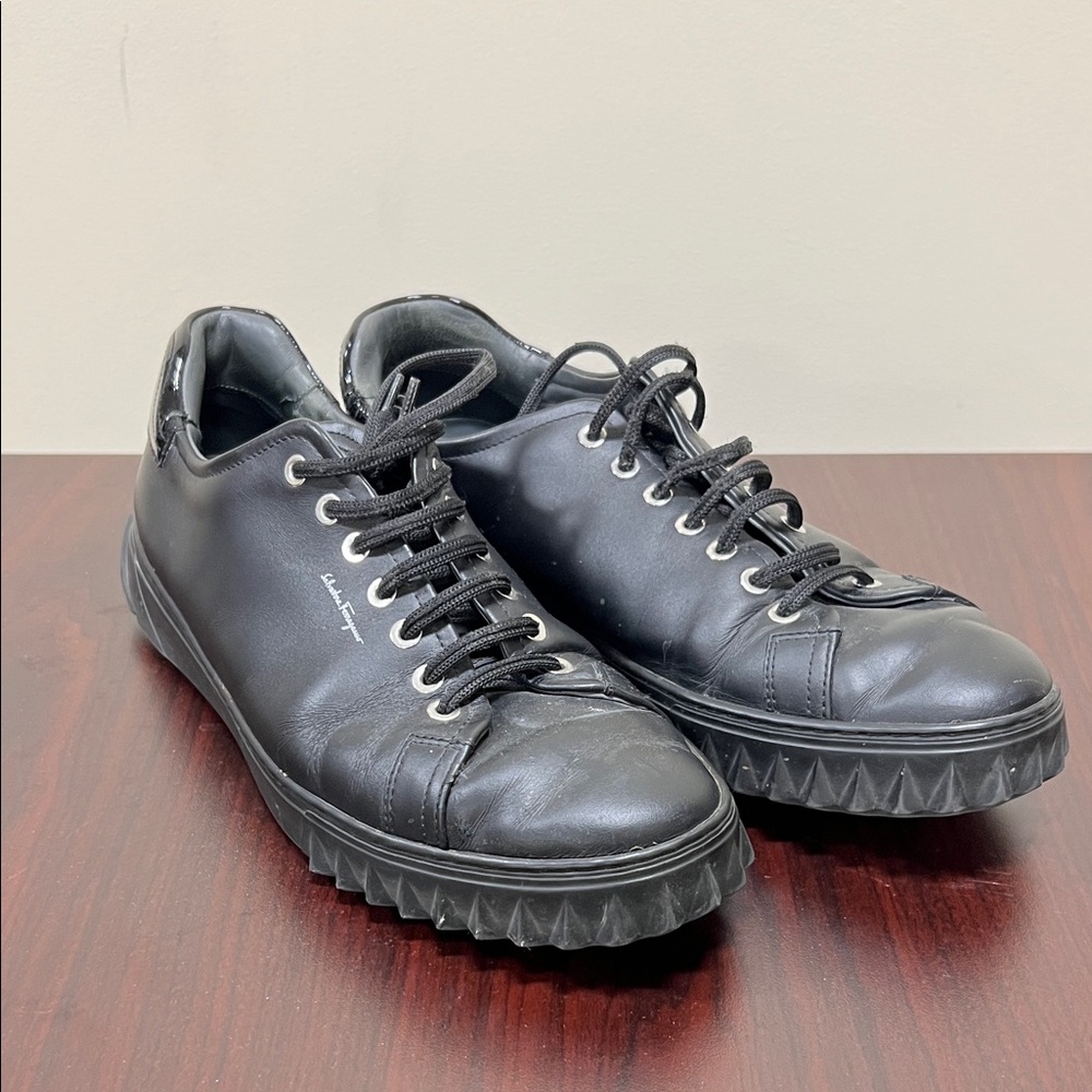 Salvatore Ferragamo Black Leather Lace-Up Sneakers